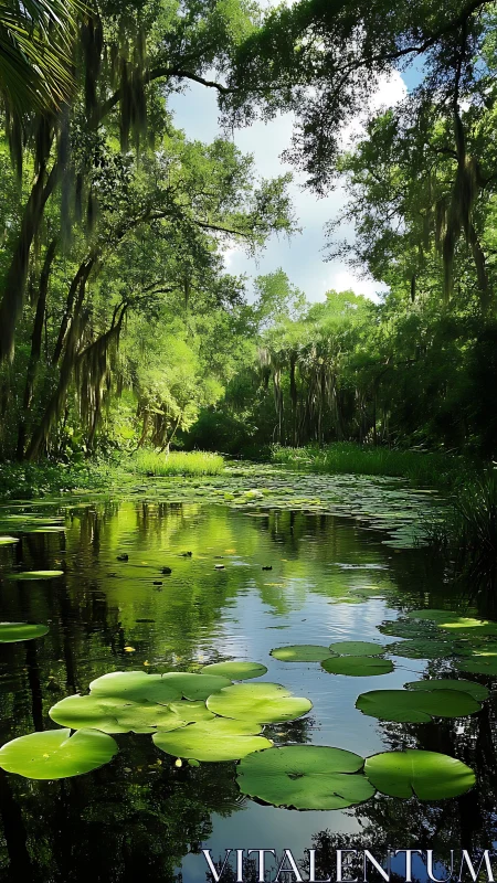 Lily-pad river glimmers beneath a cathedral of emerald trees.