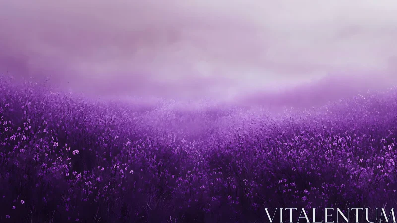 Dreamy lavender meadow wrapped in soft evening mist.