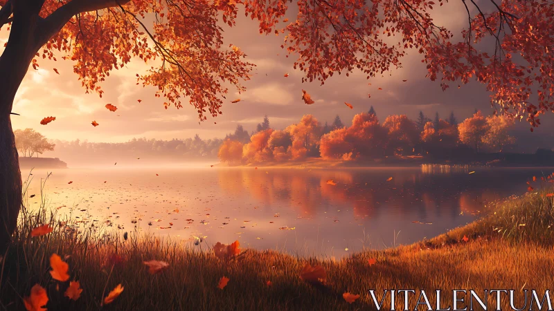 Autumn lakeside landscape with misty backlight and drifting leaves