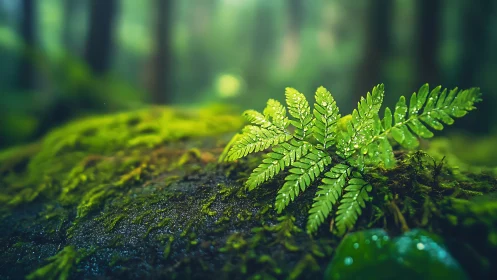 Fern morning on mossy forest floor in soft green light.