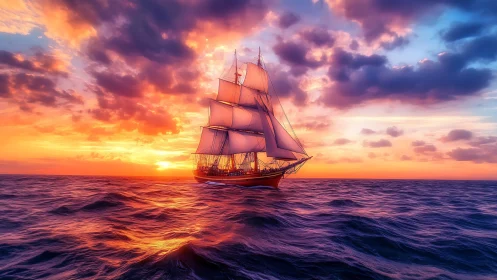 Tall sailing ship crosses open sea under vivid sunset sky