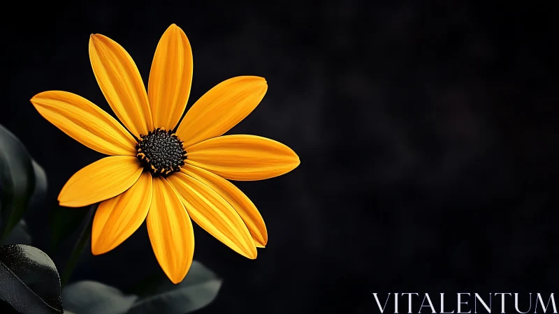 Golden Daisy with Black Disk Center Against Dark Background.