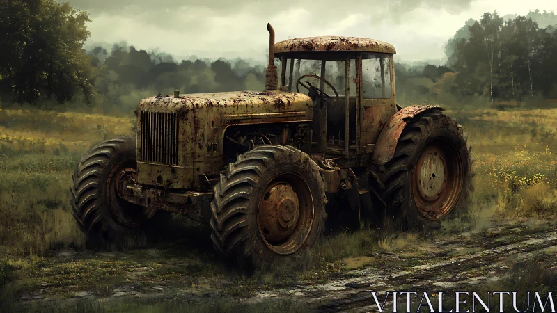 Rusting farm tractor stands idle on overgrown rural track
