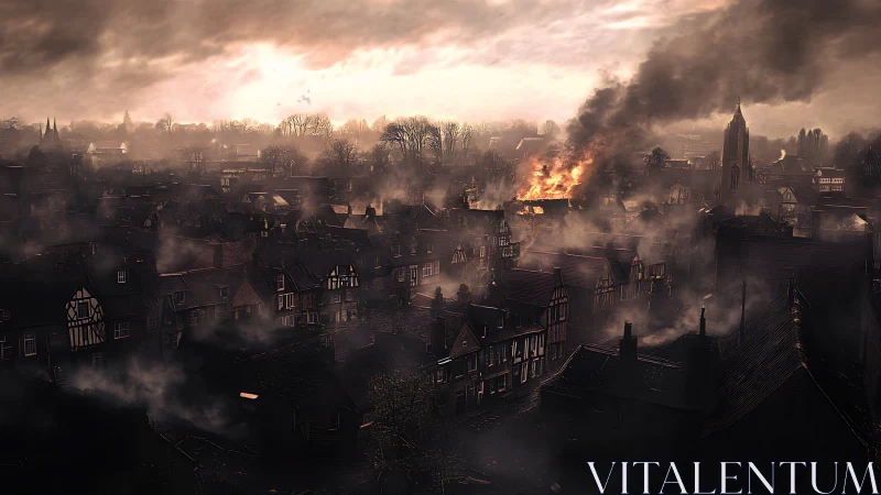 Digital painting of burning medieval town under storm sky.