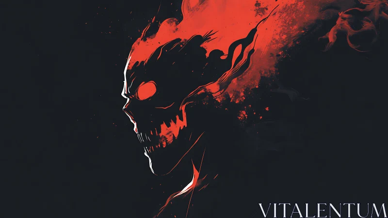 Red skeletal profile with flame like abstract dispersal