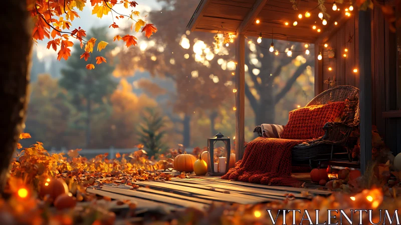 Golden autumn porch glow with pumpkins and soft blankets.