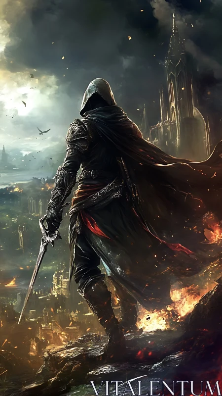 Cloaked wanderer overlooking a burning fantasy kingdom.