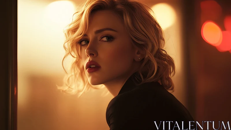 Portrait of blonde woman in warm urban night lighting.