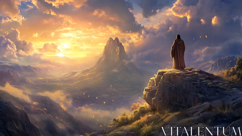 Wanderer gazing toward a golden, hope filled mountain sunrise.