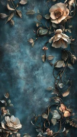 Floral vines on textured teal background in vertical layout.