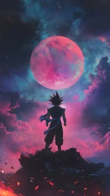 Lone anime warrior gazes at glowing pink planet in stormy sky