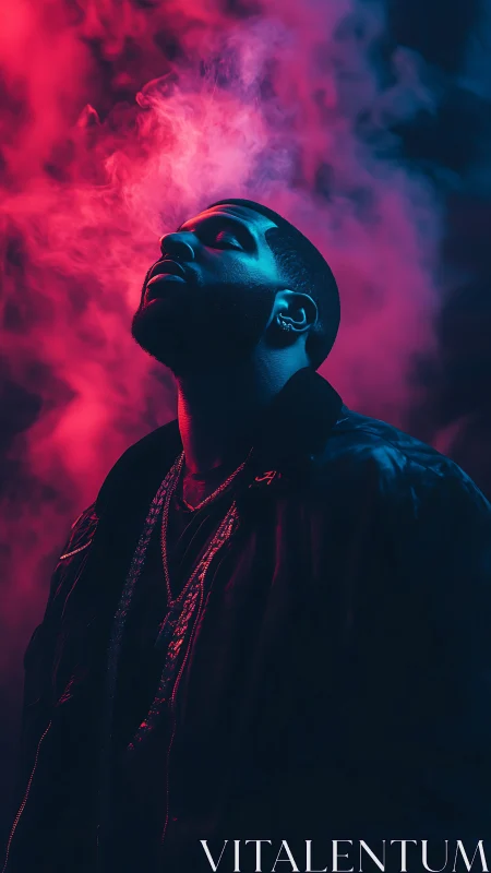 Neon-lit portrait captures moody figure in rising vapor.