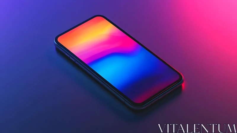 Modern smartphone with vibrant gradient display on neon background.