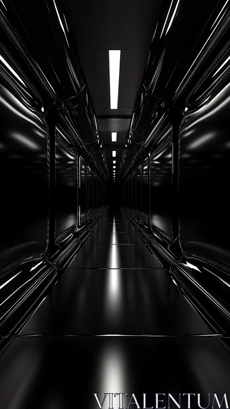 Glossy sci fi corridor stretching into inviting darkness.