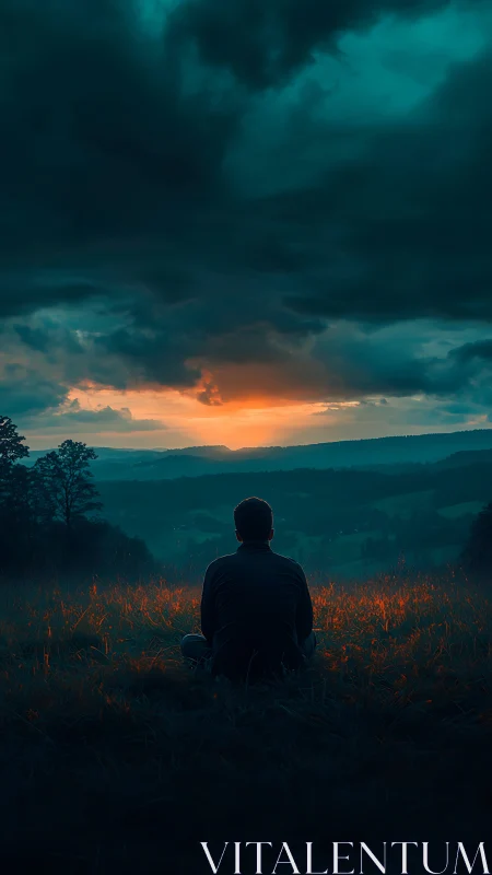 Quiet sunset watcher wrapped in stormy twilight glow.