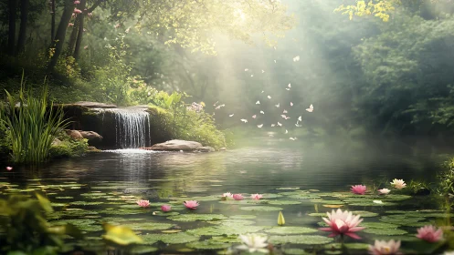 Tranquil Forest Pond With Waterfall and Blooming Water Lilies, Photorealistic.