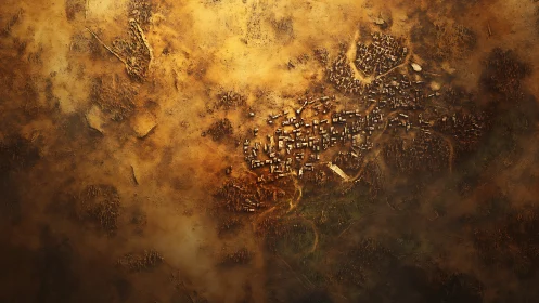 Aerial view shows dense ancient city carved into ochre ground