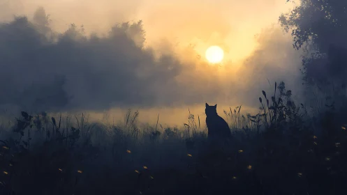 Quiet meadow sunrise with a curious cat silhouette.
