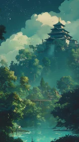 Tranquil hilltop temple watching over a dreamy forest lake.