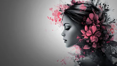 Monochrome muse crowned in electric fuchsia blossoms.