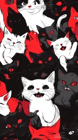 Cats in Red and Black: Playful Feline Crowd Design.