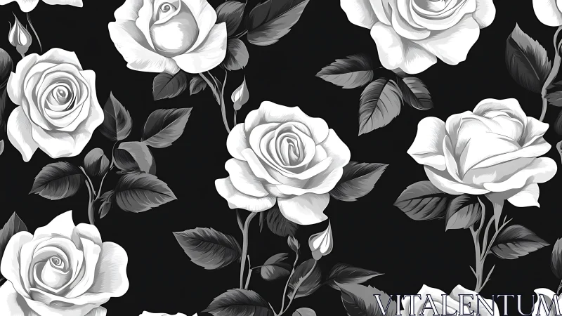 Monochromatic Botanical Roses: Grayscale Floral Pattern with Detailed Petals