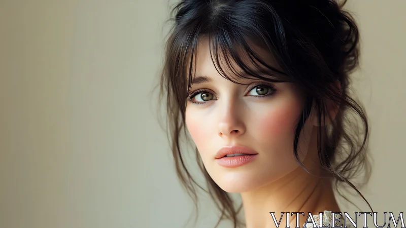 Portrait of young woman with loose updo against neutral wall.