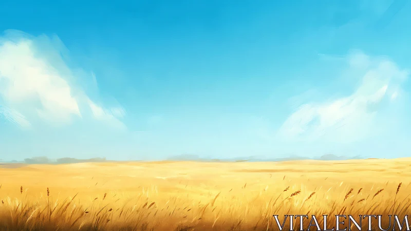 Golden wheat horizon under expansive summer sky painting.