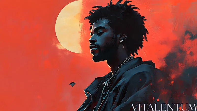 Moody side-profile portrait glows beneath a painted sun.