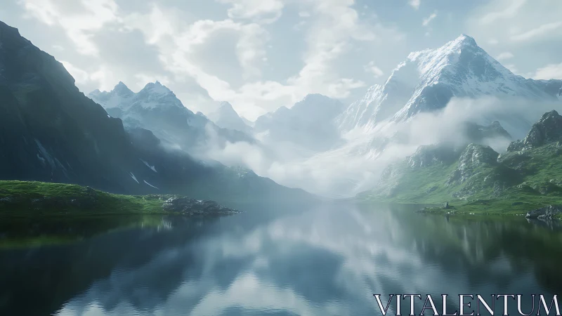 Snowcapped mountain range over tranquil reflective lake.