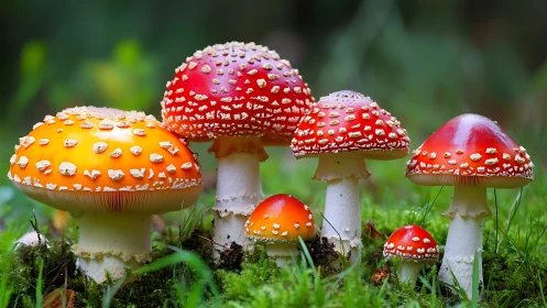 Polka dot toadstool family glowing in mossy woodland hush.