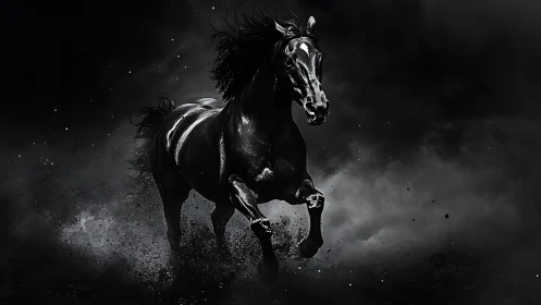Black horse runs forward through particulate dust cloud