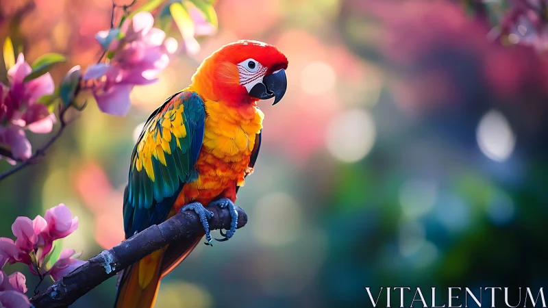 Vibrant Macaw Parrot on Branch in Colorful Spring Garden, Artistic Style.
