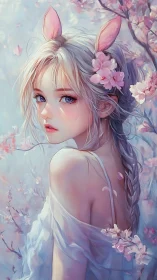 Female figure with rabbit ears in soft cherry blossoms.