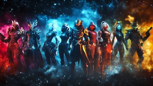 Bold sci fi heroes stand united in glowing cosmic smoke