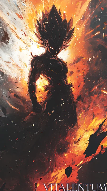 Fiery anime warrior rising from a storm of living flame.