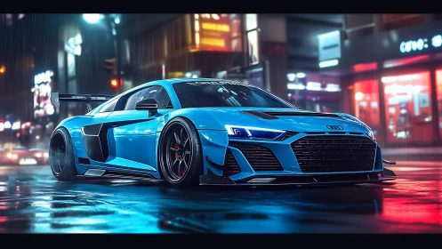 Widebody blue Audi supercar in neon lit rainy city street