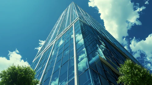 Glass skyscraper reflects bright clouds in a clear summer sky