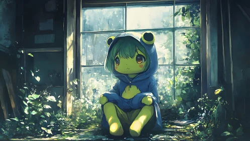 Quiet frog-hooded child rests in a softly glowing garden room