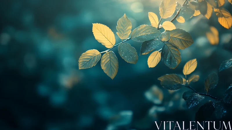 Golden leaves with dew in soft teal forest light.