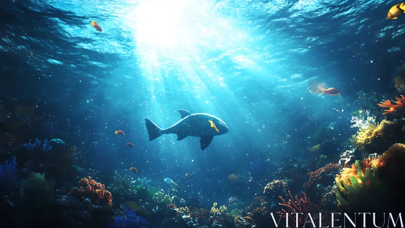 Sunlit reef fish glides through glowing underwater garden