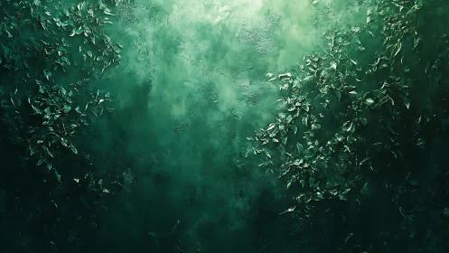 Textured emerald foliage gradient forms asymmetric abstract field