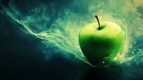 Spellbound green apple bends light in a swirling neon tide