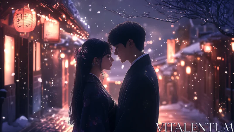 Two figures stand closely in a snowy, lantern-lit street at dusk