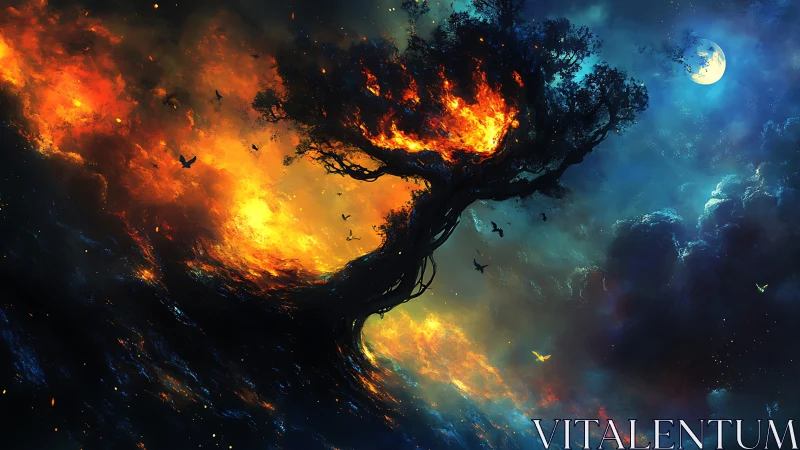 Burning Tree Against Night Sky With Moon