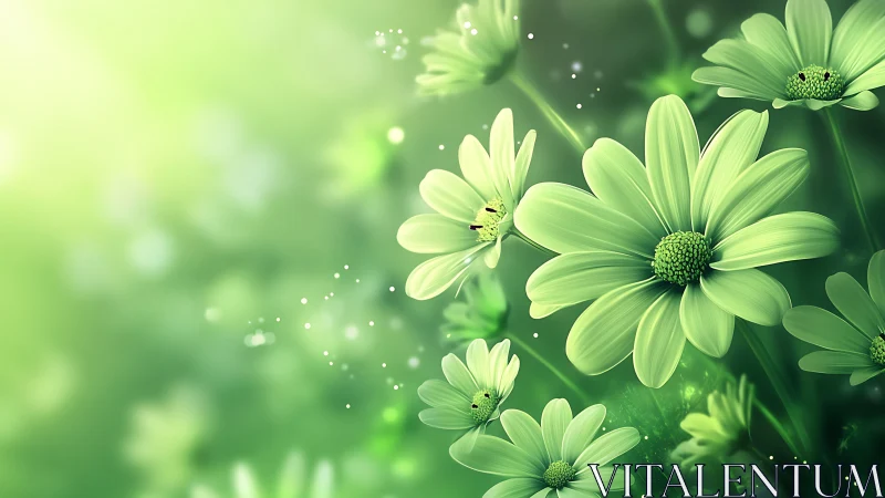 Enchanting Green Daisies Dancing in Magical Light.