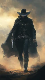 Gunslinger in tattered duster strides through burning haze.