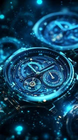 Futuristic blue chronograph watch in glowing digital bokeh.