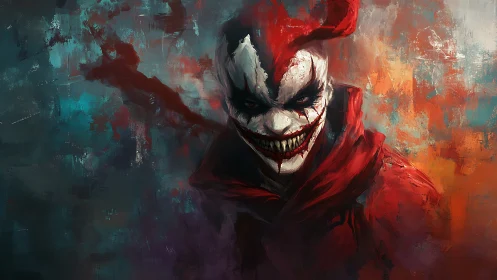 Sinister jester leans forward with a chilling painted grin
