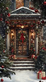 Snowy townhouse entrance wrapped in glowing Christmas decor.